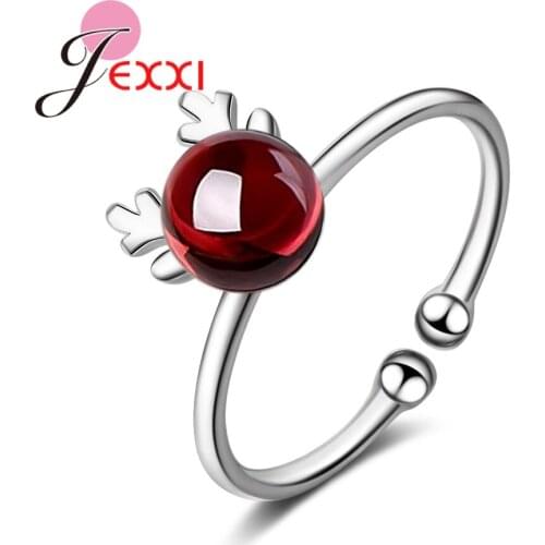 Hot Sale Fashion New 925 Sterling Silver Christmas Cute Deer Animal Finger Rings for Women Red Clear Crystal Jewelry