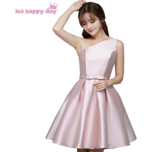 Beautiful pale pink modest junior girls bridesmaid dresses short bridal one shoulder satin brides maid party dress H3823