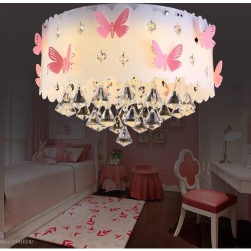 Round bedroom ceiling lamp Crystal pink butterfly girl princess warm romantic creative wedding room lamp Ceiling Lights LO7217