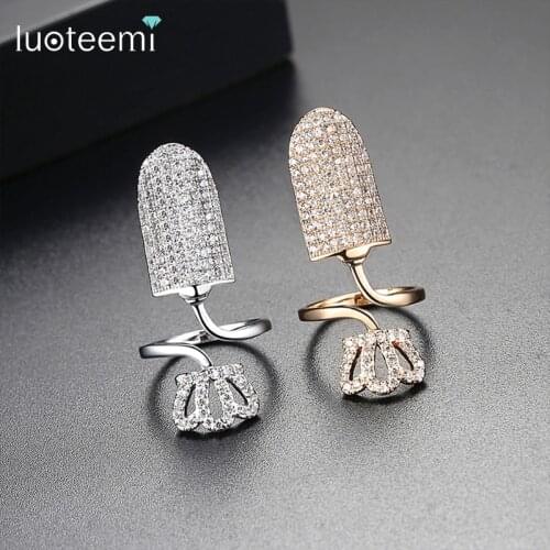 LUOTEEMI Trendy Luxury Crown Shaped Adjustable Party Nail Rings For Women Top Quality Cubic Zirconia Cocktail Rings Jewelry Gift