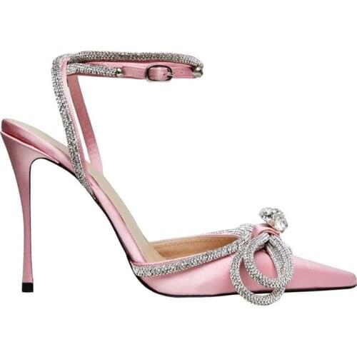 Cute Pink Women Sandals Pointed Toe 9CM High Heels Wedding Dress Shoes Woman Gladiator Sandal Rhinestone Bowknot Women Pumps