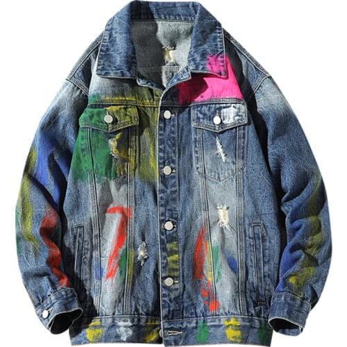 Men Graffiti Print Denim Coat Hip Hop Loose Casual Jacket Single Breasted Frayed Letter Print Cowboy Jacket Male Plus Size 5XL