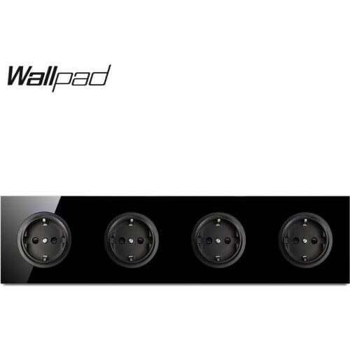 Wallpad L6 Black Tempered Glass Quadruple Frame EU Wall Socket 4 Gang Electrical German Power Outlet 16A Round Design