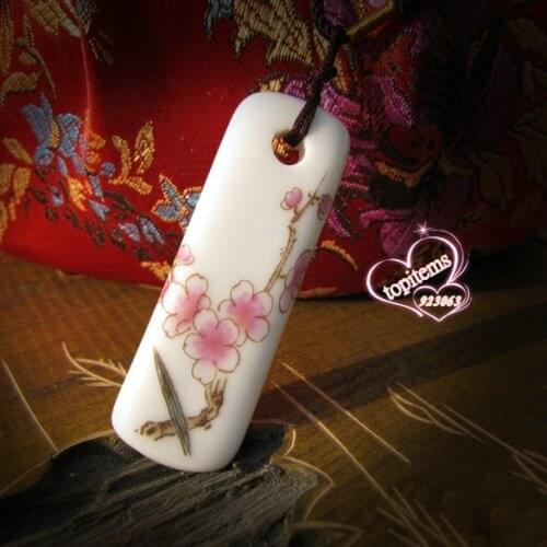 Vivid Pink Peach Blossom Painting Ethnic Style Handmade Rectangle Ceramic Pendant Adjustable Knitted Rope Necklace For women