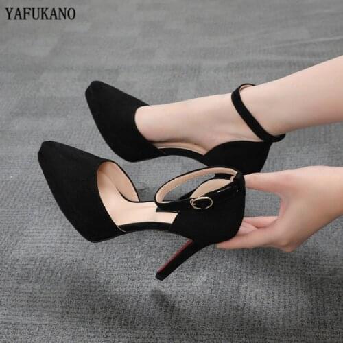 Sexy Platform High Heels Thin Heels Pointed Toe Women Single Shoes Word Buckle Pumps Mid Hollow Solid Flock Work Shoe Size 32 33