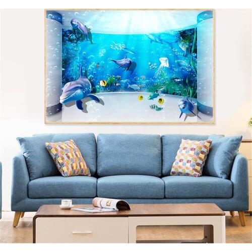 Undersea Animals Home Decor Architecture Cylindrical Painting Pink Jellyfish Sea Turtle Blue Dolphin Golden Fish Poster Mural