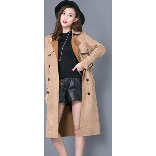 Plus Size 6XL Suede Trench Coat For Women New Spring Double Breasted Female Long Casual Overcoat Windbreaker Elegant Outwear 835