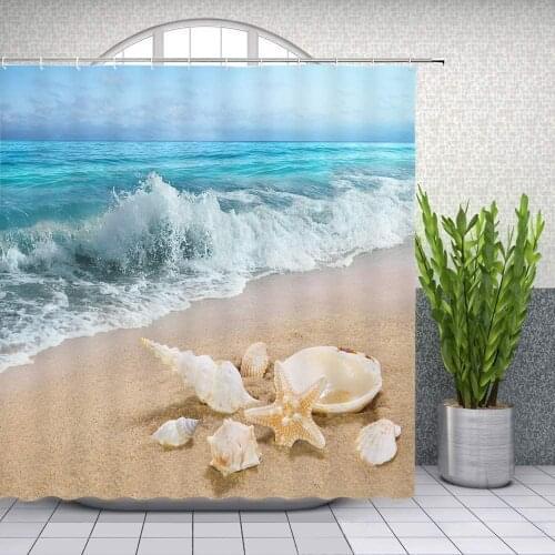 Beach Shell Shower Curtains Sea Wave Scenery Ocean Theme Bathroom Decor Supplies Polyester Fabric Home Bath Cloth Curtain Set