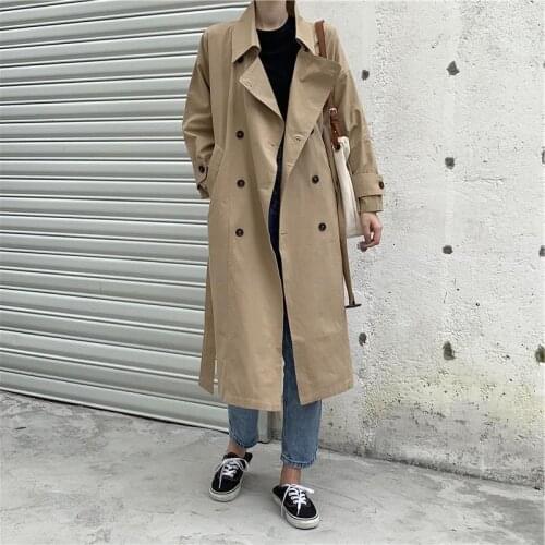 Trench Coats Women Long Loose Double Breasted Elegant Office Jacket Khaki Black Belt Female Windbreaker Outerwear Abrigo Mujer