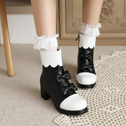 Sianie Tianie Patchwork Sweet Lolita JK Girls Winter Shoes Ruffle Ankle Bowtie Knot Platform Chunky Heels Women Kawaii Boots