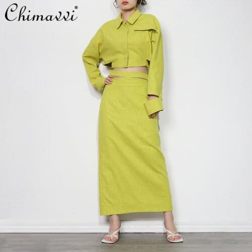 2021 Summer Fashion Two Piece Skirt Suit Womens Lapel Long Sleeve Short Jacket Lady High Waist Casual Split Long Skirt