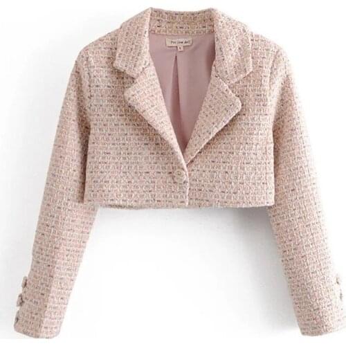 Pink Tweed Short Blazer 2021 Women Sweet Single Button Solid Colors Casual Office Blazer with Button Summer Work Commute Wear
