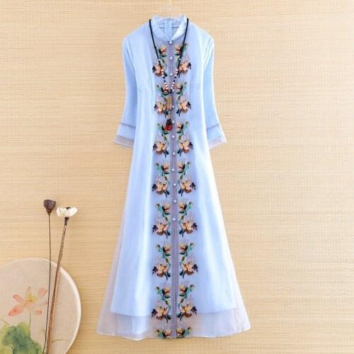 High-end Spring And Summer Organza Women Cheongsam Dress Retro Elegant Embroidery 3/4 Sleeve Slim Lady Party Qiapao Dress S-XXL