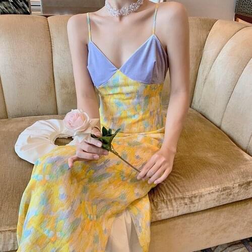 2021 Women Deep V Neck Sexy Dress oil painting Straight Pajamas Party Dress Elegant Female Summer Spaghetti Strap Dress Casual