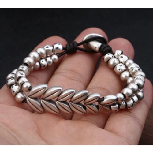 3D S999 Sterling Silver color Retro Thai Silver Hand-made Wheat Ears Pattern Creative Leather Rope Men And Women Bracelet Homme