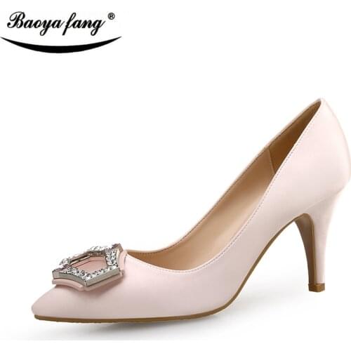 BaoYaFang Brand Satin Womens single shoes ladies 7cm thin heel High Pumps women Red sole Party Dress shoes Birde weidding shoes