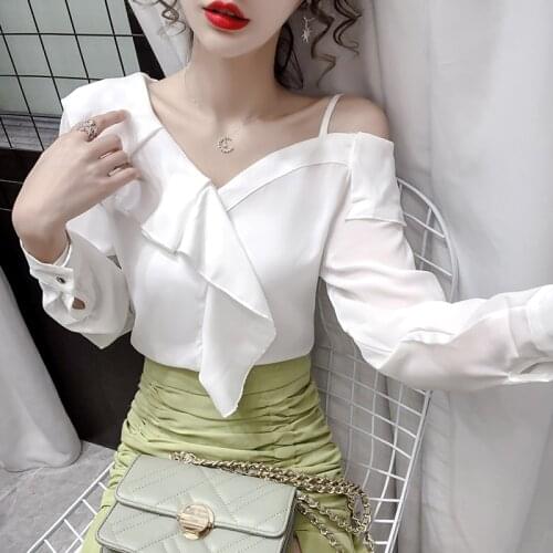 Off Shoulder White Long Sleeve Summer Women Tops Chiffon Asymmetric Sun Protection V-neck Shirts Korean Style Ruffles Chiffon