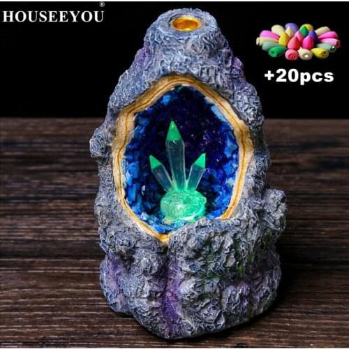 Creative Crystal Stone Mountain Rock Backflow Incense Burner +20 Cones Fragrance Censer Home Office Table Crafts Ornament Decor