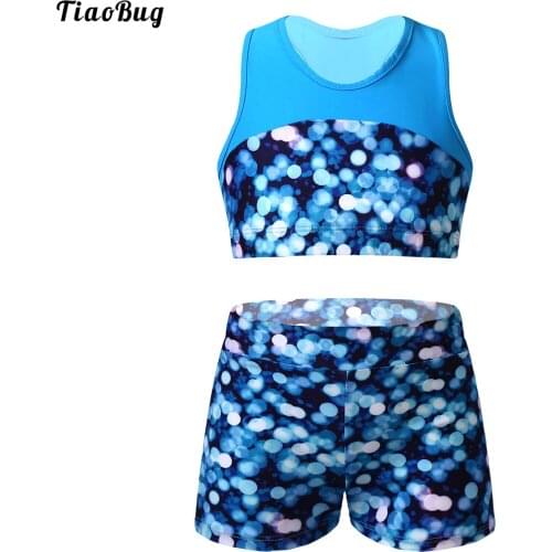 TiaoBug Summer 2Pcs Kids Girls Swimsuit Round Neck Sleeveless Racer Back Cropped Top And Shorts Set Beach Bathing Pool Swimwear