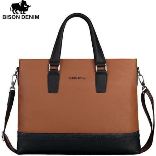 BISON DENIM fashion men bag genuine leather handbag shoulder bags business men briefcase laptop