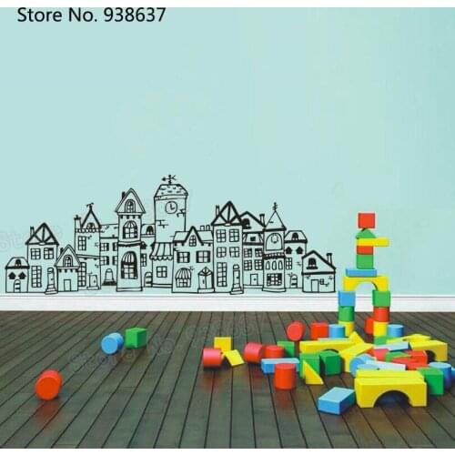 Scandinavian Style Cute Village Wall Decal Hand Drawn Town Stickers Home Decor Living Room Kids Room Nordic Nursery Decals SA949