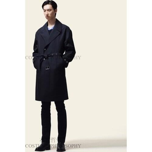 Spring new mens long style windbreaker black turtleneck with a slim body and a minimalist coat. S-6XL