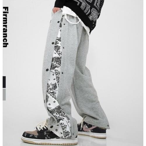 Firmranch New 2021 Men High Street Paisley Print Side Button Sportpants Men Sweatpants Baggy Sportpants Women Stacked Trouser