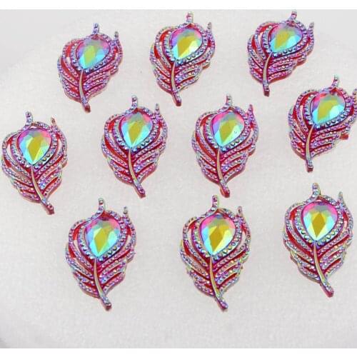 BOLIAO DIY 10Pcs 20*38mm( 0.79in*1.5in ) AB Color Peacock Leaf Resin Shining Red Rhinestone Flatback No Hole Home Decor Crafts