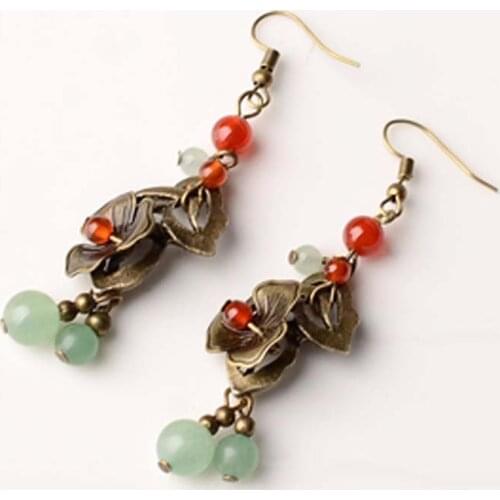 Korean Flower Leaf Eardrop For Women Girls Retro Natural Beads Hanging Dangle Earrings Party Wedding Jewelry Accessories