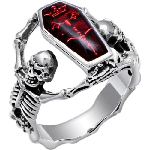 Boho Vintage Vampire Bat Skull Mens Ring Gothic Punk Skeleton Holding Red Enamel Coffin Rings for Women Hip Hop Rock Jewelry