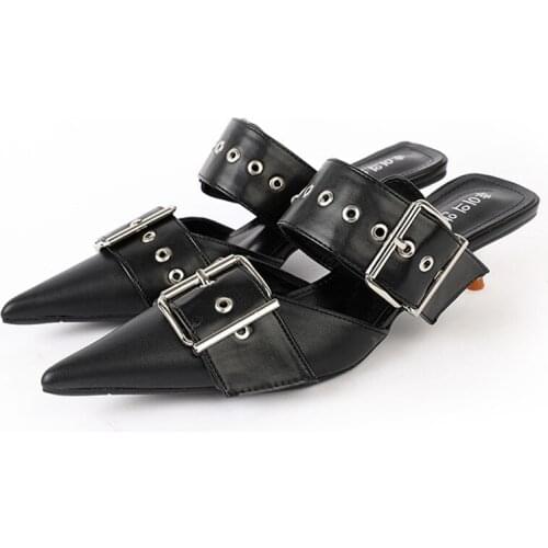 Siddons Summer New Women Slippers Black Punk Gothic High Heel Sexy Ladies Pumps Pointed Toe Buckle Strap Designer Female Sandals