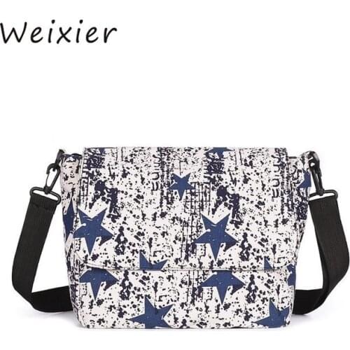 WEIXIER 2019 New Casual Women Star Print Shoulder Bags Canvas Flap Messenger Crossbody Bags for Women Bolsa Feminina LL-80