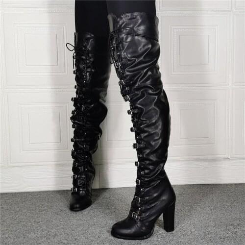 Womens Cowboy Boots Black Warm stripper High heels Lace Up Sexy Leather Over The Knee Long Booties Womens Military Boots F594