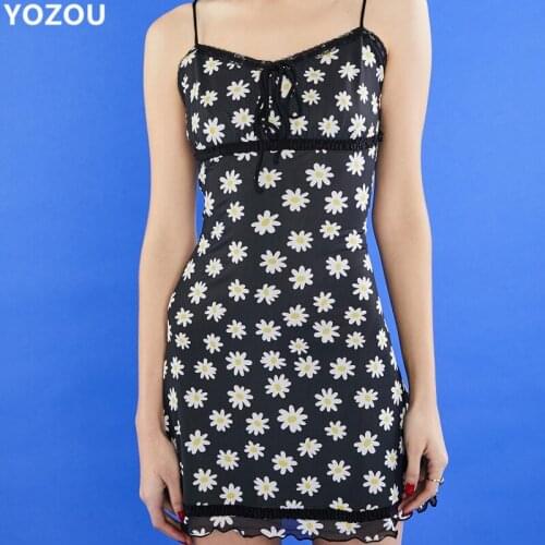 Women mini dress daisies pattern lace up delias spaghetti strap strapless black kawaii cute e-girl women dress short dress