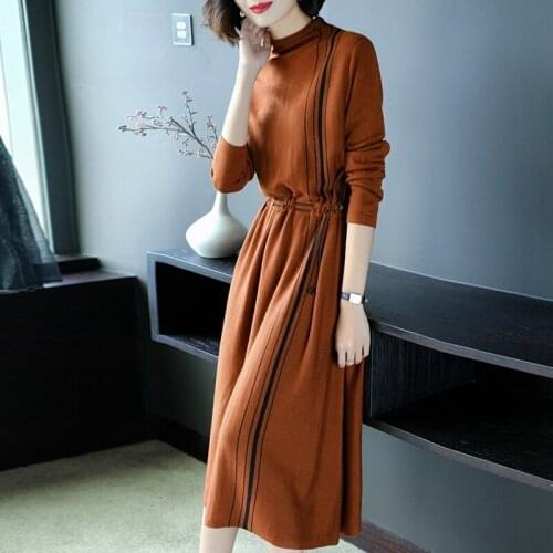 2020 New Korean Dresses For Women Autumn Winter Long Sleeve Female 30% Wool Knitted Dress Black robe hiver WYQ1017