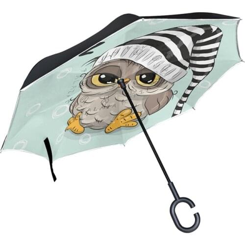 Sleeping Lovely Owl Folding Reverse Umbrella Double Layer Inverted Windproof Car Rain Women Men Kids Umbrellas C-Hook Hands