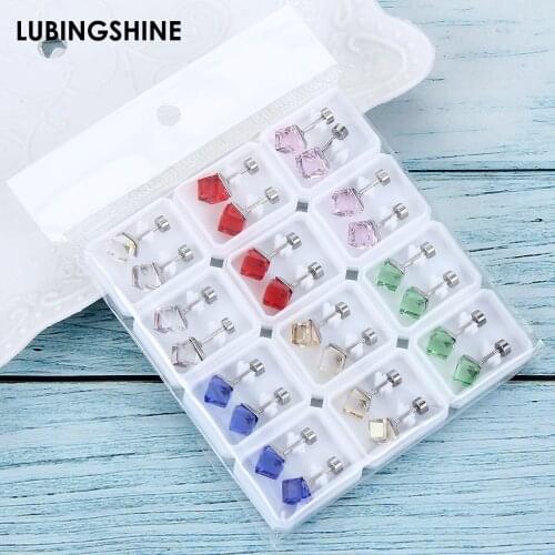 12pairs/set Exquisite Crystal Stud Earrings for Women Stainless Steel Geometric Earring Set Screw Helix Piercings Earrings Gift