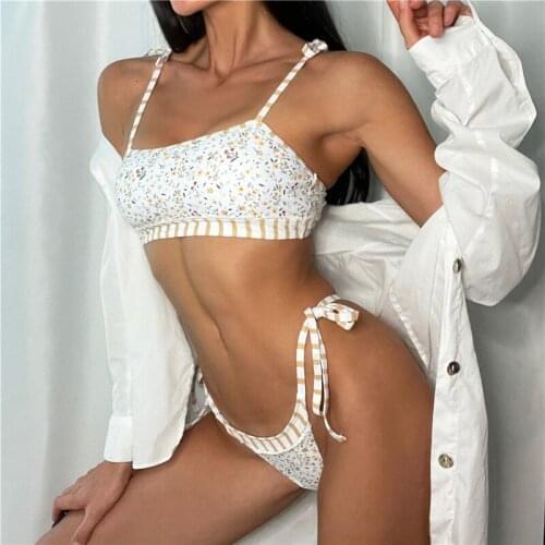 2Pcs Women’s Small Flower Printing Bikini Suit Low Square Neck Lace-up Tank Tops with Side Tie Bottoms Womens Bathing Suits