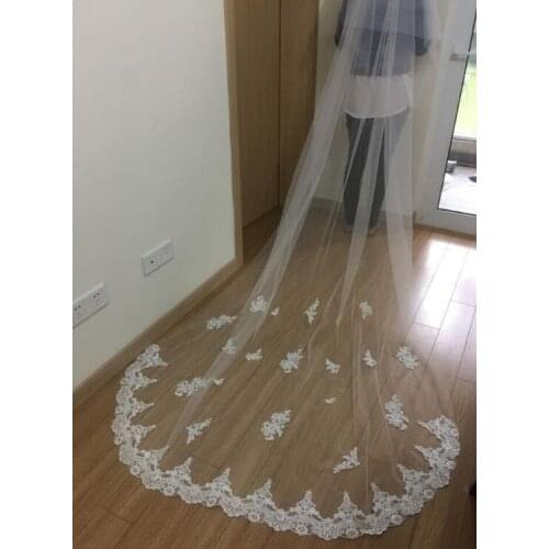 2t Cathedral wedding veil, chapel lace bride vail, embroidered hem, floral lace applique white light ivory & comb long veils