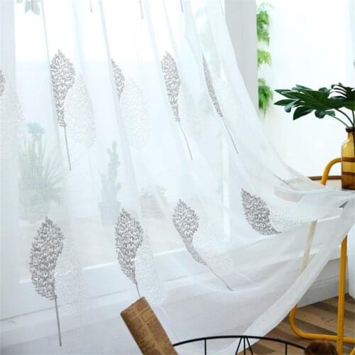 White embroidered tulle curtains for living room bedroom window sheer grey leaves curtain drapes ready made
