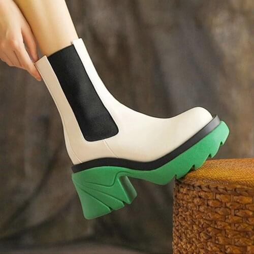White green Luxury Chelsea Boots Women Platform Ladies Boots Chunky Winter Shoes Short Ankle Boots Thick Heel Ankle Boots Ladies