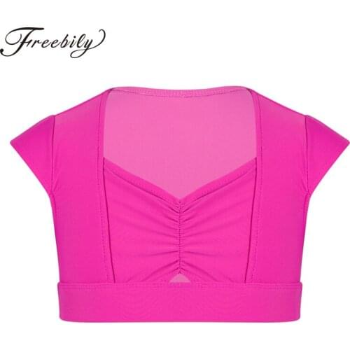 Kids Girls Solid Color Cap Sleeves Pinched-Front Crop Top Children Gymnastics Workout Practice Ballet Tops Stage Dance Costumes
