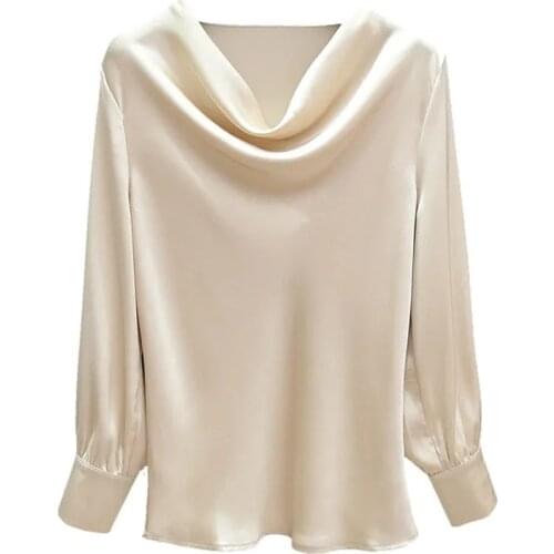 Elegant Tunic Long sleeve XL Womens Black Blouses Vintage Office Satin Silk Blouse Basic Chiffon Tops Shirt for Women