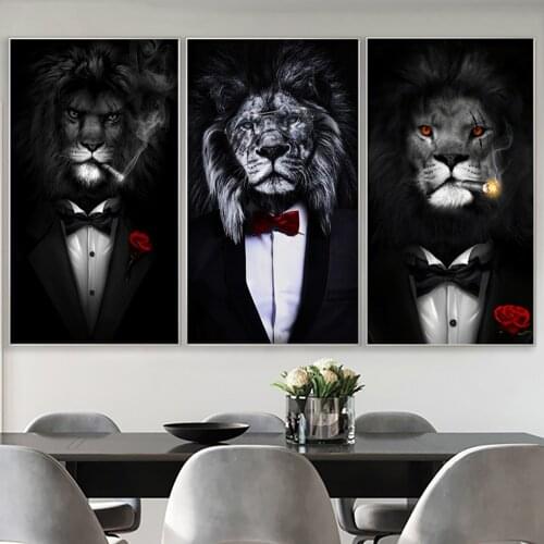 Smoking Black Lion In A Suit Canvas Print Painting Art On Wall Decor Poster And Prints Animal Picture For Living Room Decoration