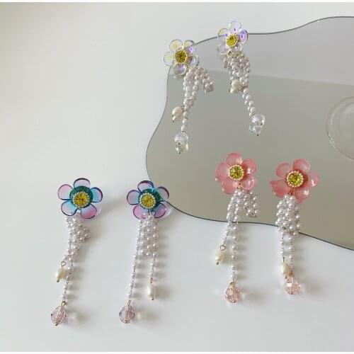 Korean Fashion Sequins Flower Inlay Crystal Long Chain Tassel Dangle Drop Earrings Girl Women Jewelry