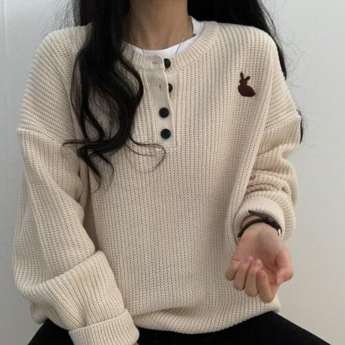 Korean Simple Embrodiery Loose Pullover Sweater O-neck Button Design Long Sleeve Sweaters 2021 Fall Chic Temperament Knit Tops