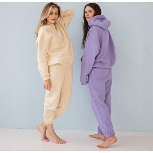 Tracksuits Womens Hoodie Autumn Solid Oversized Sweatshirt 2 Pieces Set Casual Long Sleeve Fleece Tops Long Pants Suit Outfits