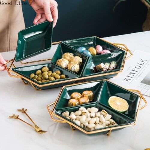European-style Creative Iron Art Ceramic Platter Diamond-shaped Fruit Plate Divided Cake Snack Nut Plates