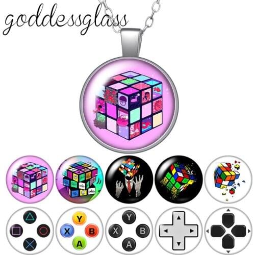 Love Game Puzzle Cubes Gaming keyboard Round Glass glass cabochon silver plated/Crystal pendant necklace jewelry for Gift