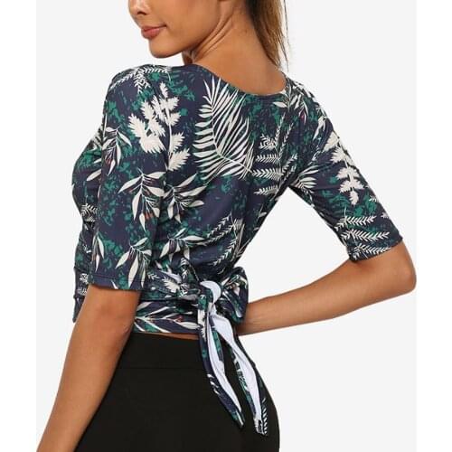 Summer Woman Printed Floral Leaves T-shirts Short Sleeve V-Neck Sport Tops Sexy Workout Running Gym Fitness Bandage Tops Shirts